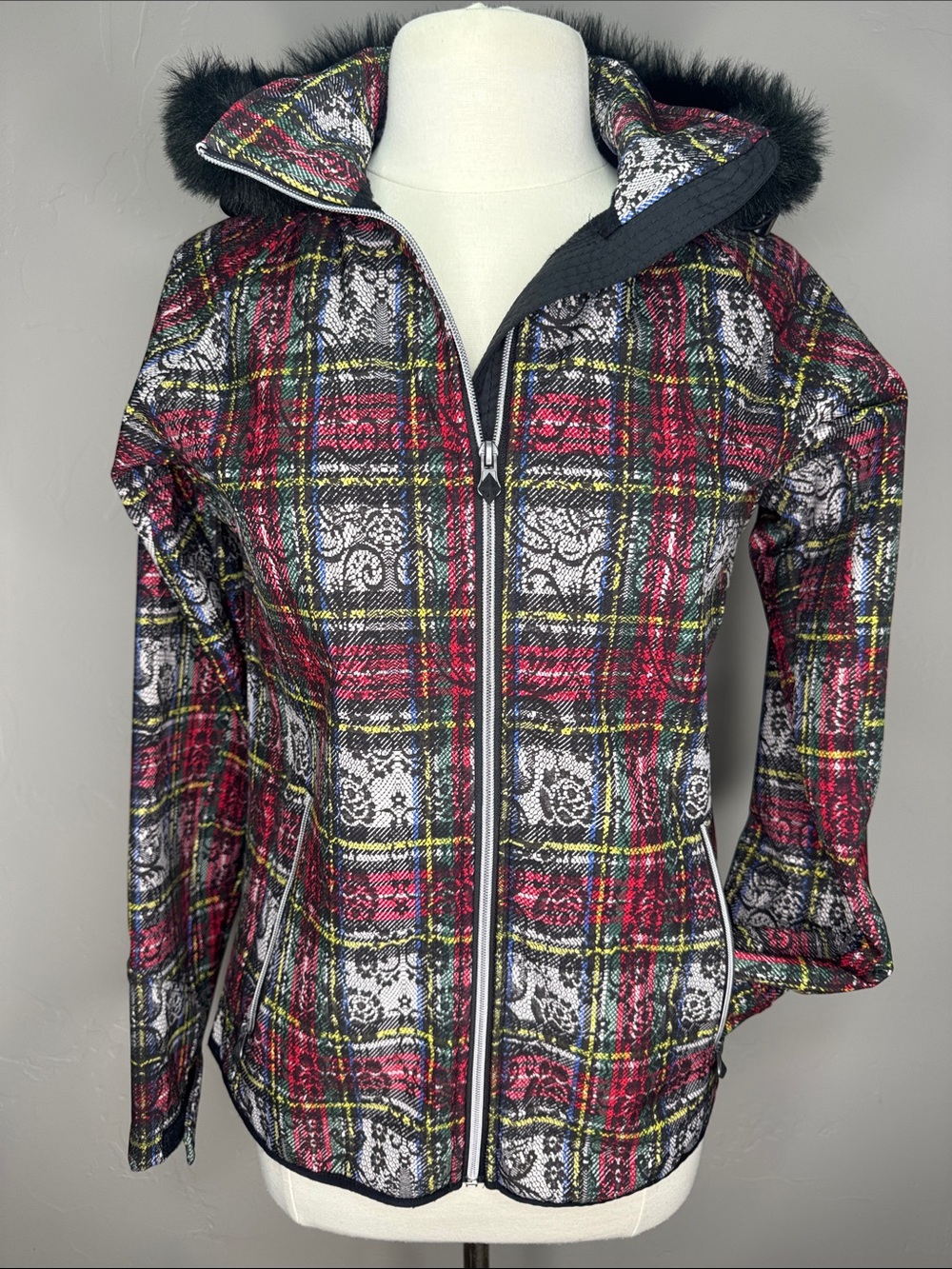 Body Glove Plaid Faux Fur Trimmed Removable Hooded Zip Jacket